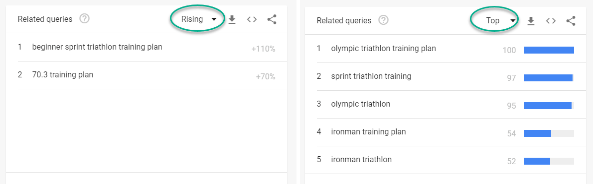 Google Trends Top vs Rising Related Queries